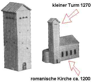 Kleiner Turm und romanische Kirche